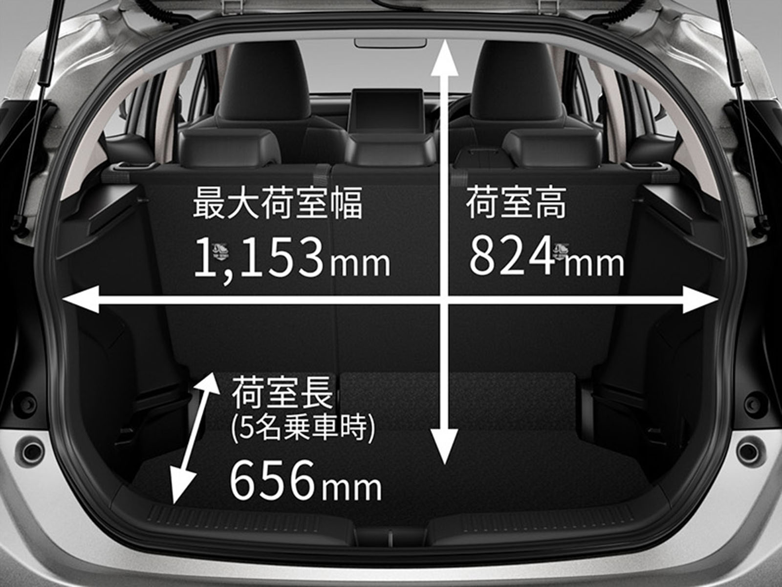 最大荷室幅 1,153mm／荷室長（5名乗車時）656mm／荷室高 824mm