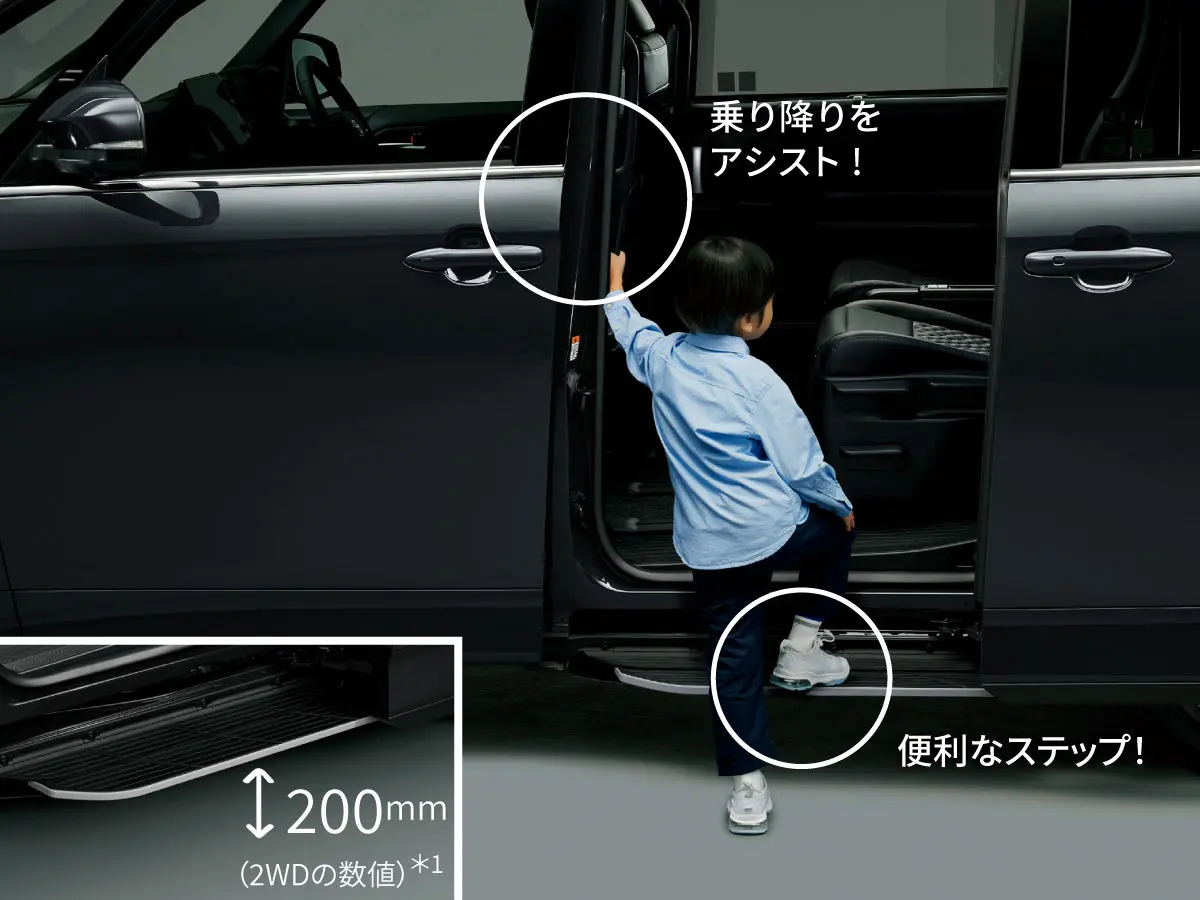 ユニバーサルステップは地上高 200mm（2WDの数値）