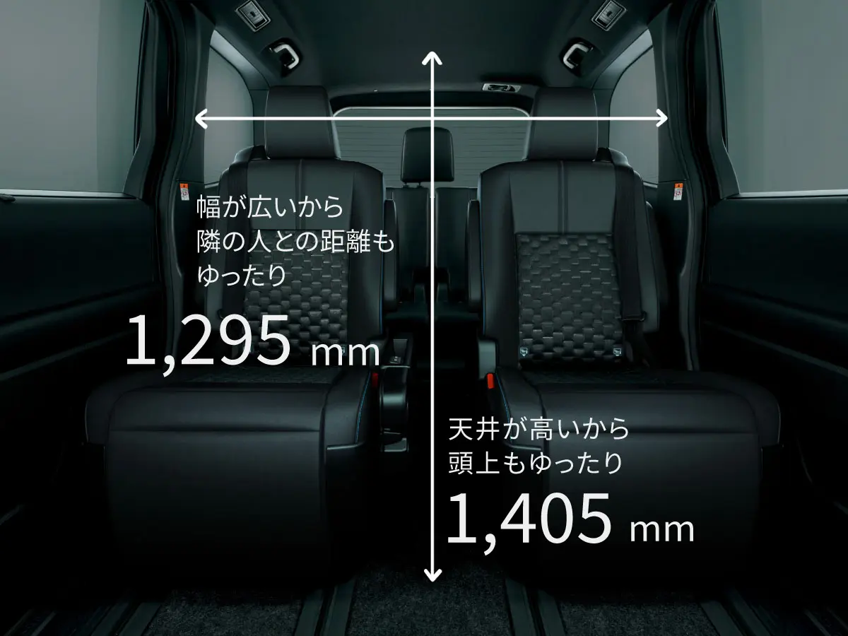 幅が広いから隣の人との距離もゆったり 1,295mm、天井が高いから頭上もゆったり 1,405mm