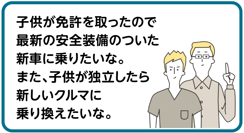 子供が免許を取ったので最新の安全装備のついた新車に乗りたいな。また、子供が独立したら新しいクルマに乗り換えたいな。