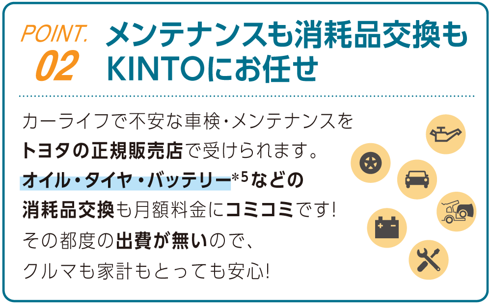 POINT.02 メンテナンスも消耗品交換もKINTOにお任せ